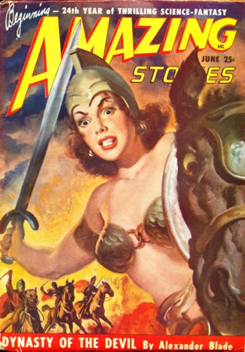 Amazing Stories June 1950 — 'Dynasty of the Devil' Warrior Woman Cover