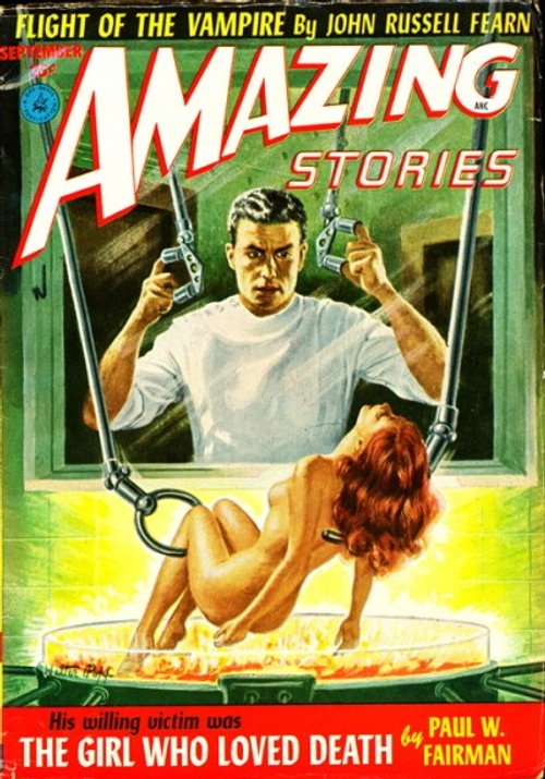 Amazing Stories Sept 1953 – 'The Girl Who Loved Death' Mad Science Cover