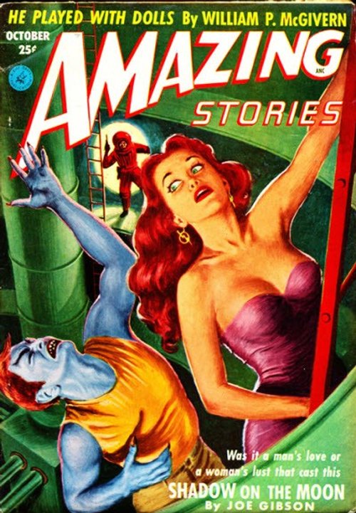Amazing Stories Oct 1952 – Blue Alien Menace & Redhead in Peril Cover