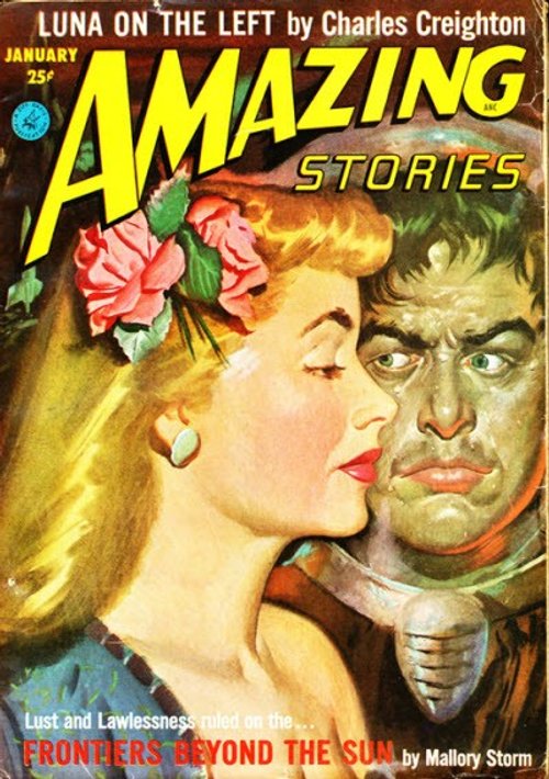 Amazing Stories Jan 1952 – 'Frontiers Beyond the Sun' Romantic Alien Cover