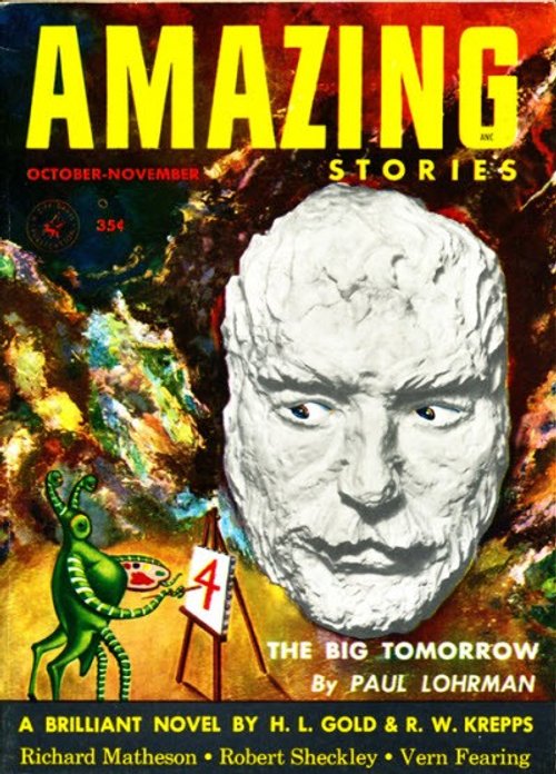 Amazing Stories Oct-Nov 1953: Alien Artist Paints a Giant Stone Face