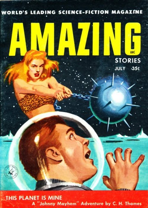 Amazing Stories July 1957 – 'This Planet Is Mine' Cave Woman vs. Space Sphere