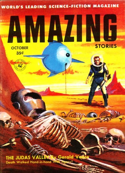 Amazing Stories Oct 1957 'The Judas Valley' Alien World Skeleton Field Cover