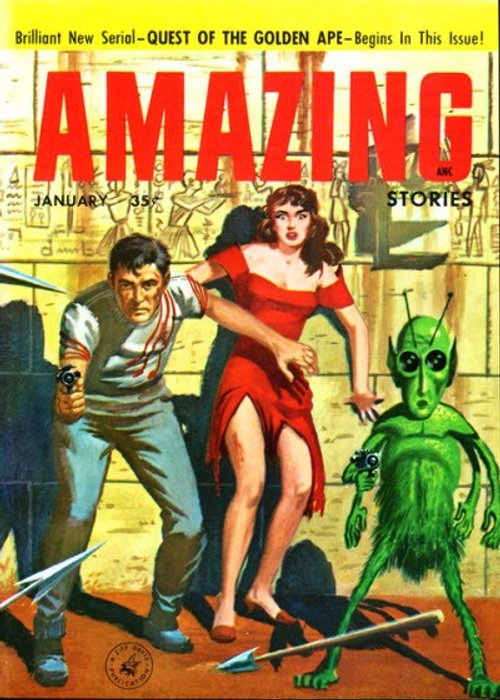 Amazing Stories January 1957 – Green Alien & Wounded Hero in Egyptian Tomb