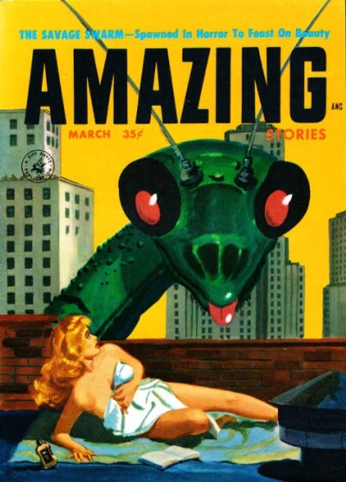 Giant Praying Mantis Stalks Sunbathing Woman, Amazing Stories March 1958
