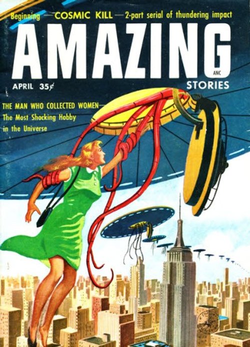 Amazing Stories April 1957: Alien Abduction Over New York Skyline