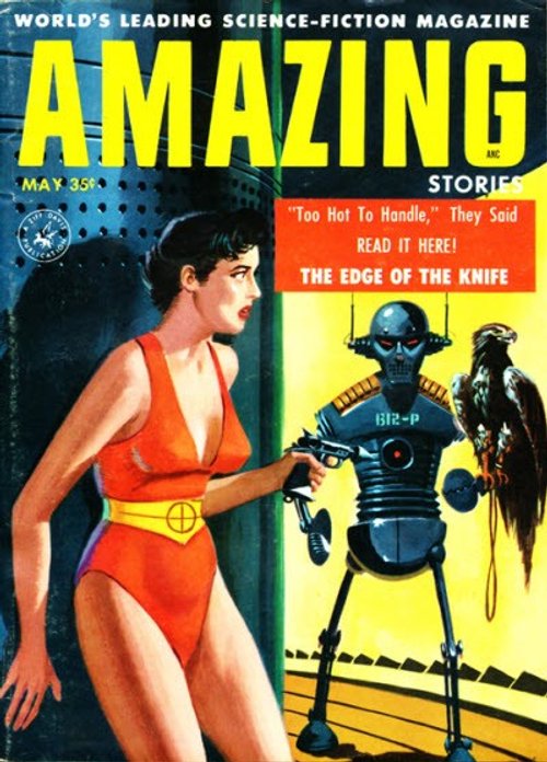 Amazing Stories May 1957 — Woman vs. Robot 612-P with Hawk