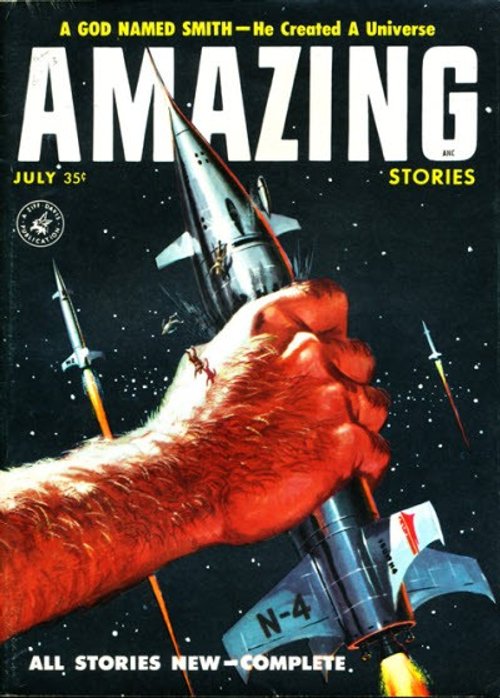 Giant Hand Crushes Rockets, Amazing Stories July 1957 Cover