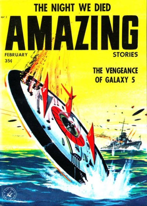 Amazing Stories Feb 1958 – Futuristic Speedboat Sunk by Warship Attack