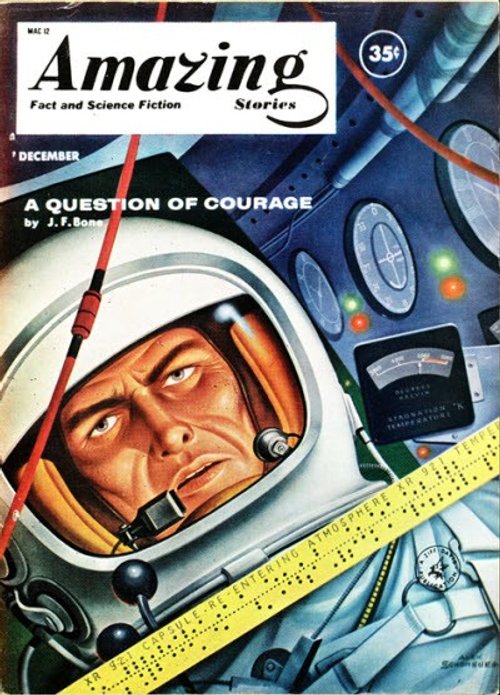 Amazing Stories Dec 1957 — Astronaut Re-Entry Crisis, 'A Question of Courage'