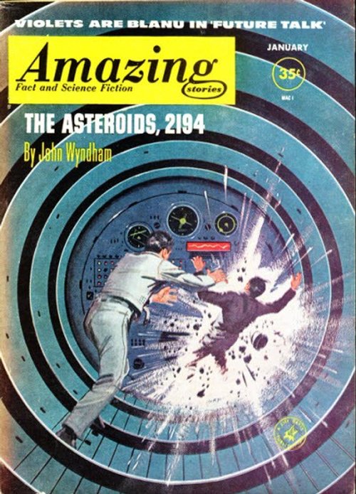 Amazing Stories Jan 1958: Spaceman vs. Asteroid Storm in Cockpit