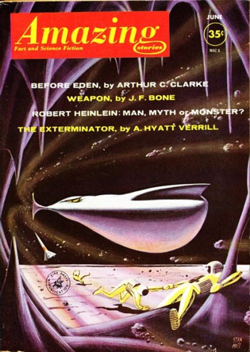 Amazing Stories June 1961 – Spacesuited Figures Flee Sleek Silver Spacecraft