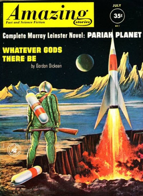 Amazing Stories July 1957 – Astronaut & Launching Rocket on Alien World