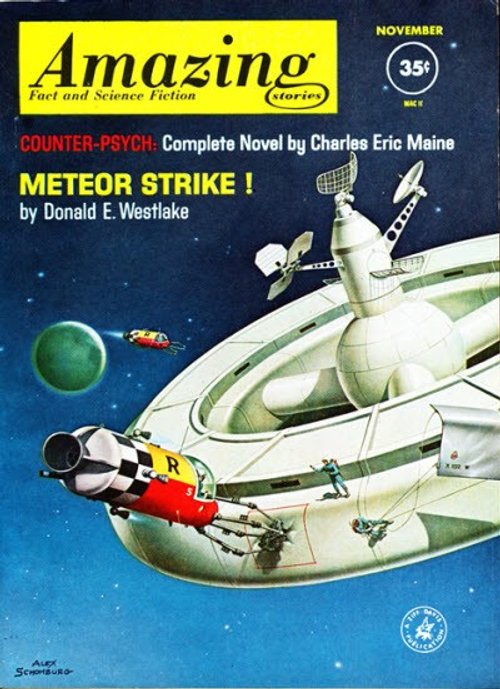 Alex Schomburg's Space Station Meteor Strike – Amazing Stories Nov 1958