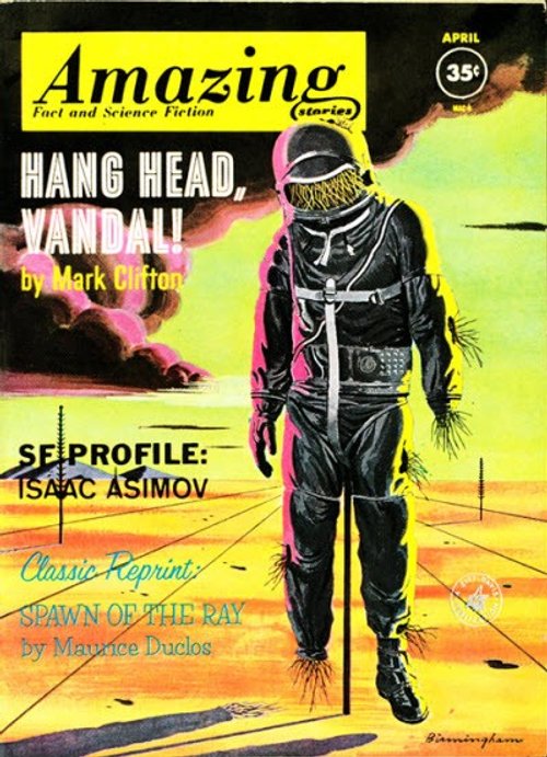 Amazing Stories April 1956 – Lone Astronaut on Alien Desert, 'Hang Head, Vandal!'