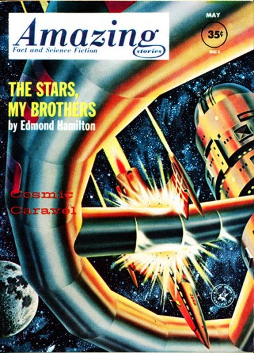 Space Battle Ring Station — Amazing Stories May 1962 Edmond Hamilton Cover
