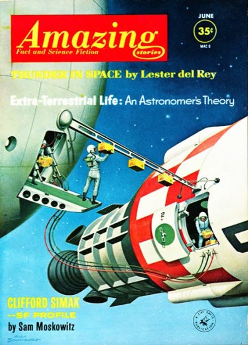 Amazing Stories June 1962 — Spacewalking Astronauts Repair Orbital Capsule