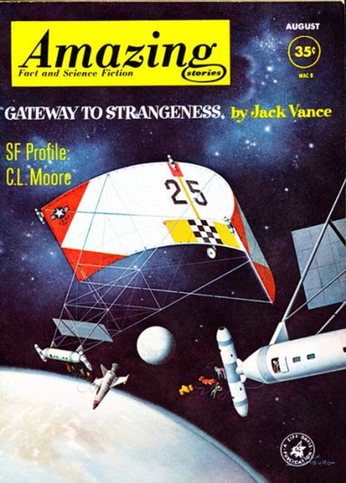 Amazing Stories August 1962 Solar Sail Space Station Cover Art