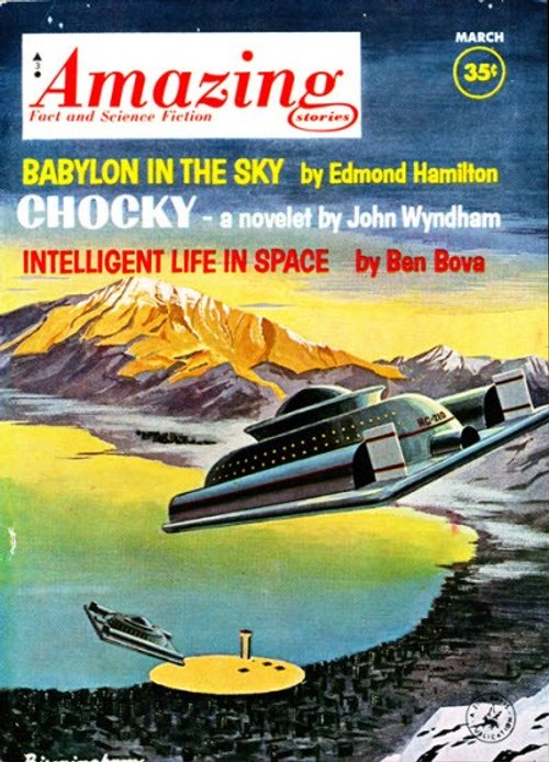 Amazing Stories March 1963 — Futuristic Hovercraft Over Alien Landscape