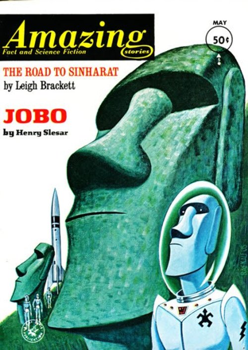 Amazing Stories May 1958: Robot & Easter Island Moai with Rocket Launch