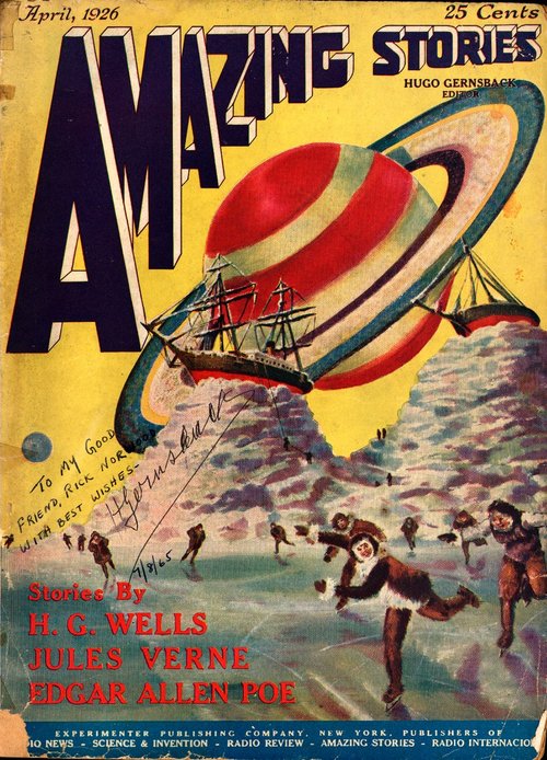 Amazing Stories Vol.1 No.1 April 1926 – Saturn Ship & Ice Skaters Cover