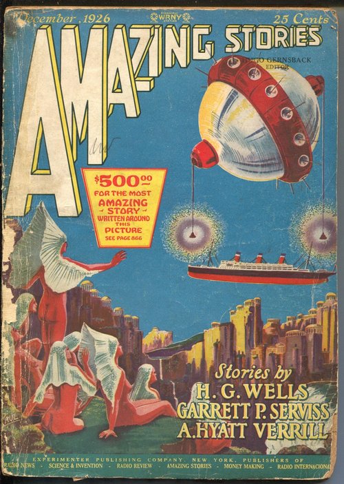 Amazing Stories Dec 1926: Giant Flying Saucer Lifts Ocean Liner