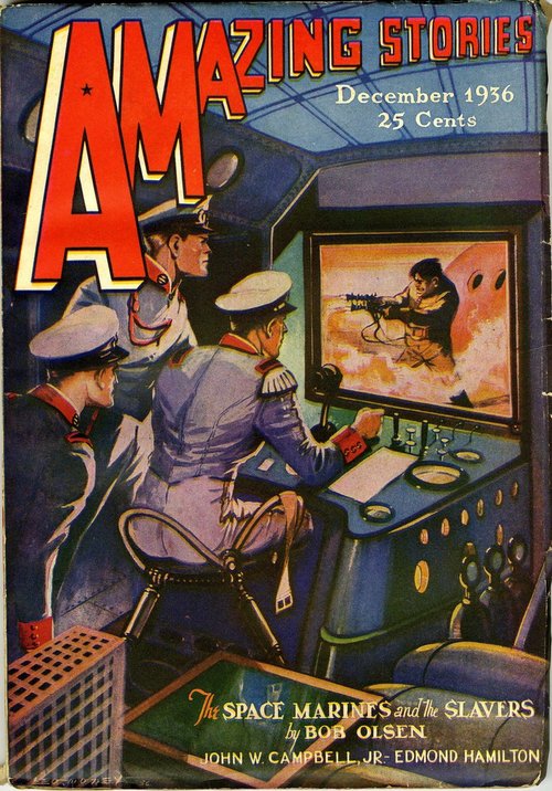 Amazing Stories Dec 1936 – Space Marines Monitor Battle via Viewscreen