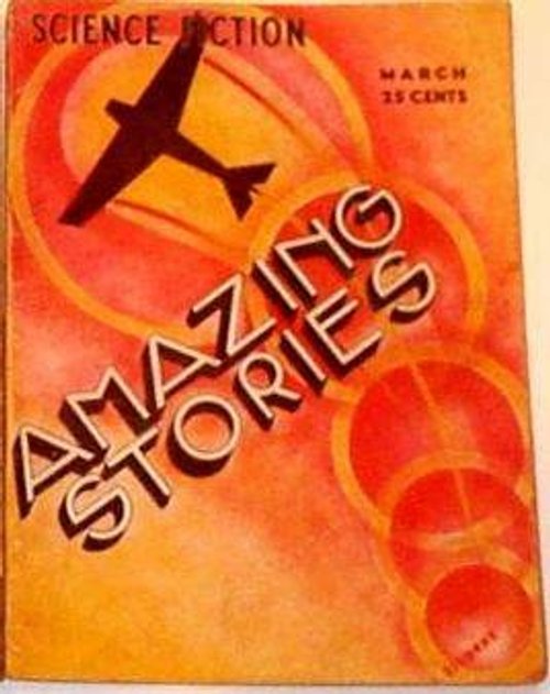 Amazing Stories March 1933 Cover — Airplane Over Abstract Orange Spheres