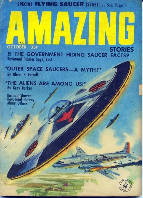 Amazing Stories October 1957 — Flying Saucers Intercept Airliner Cover