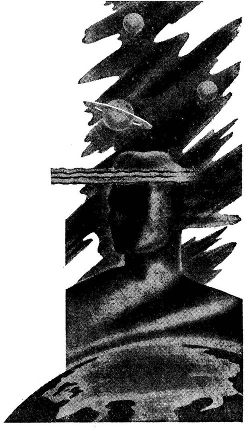 Amazing Stories Interior Art: Rocket Ship Ascending Past Ringed Planet, c.1950s