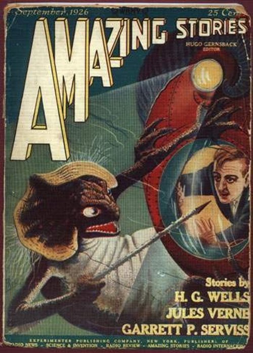 Amazing Stories Sept 1926 — Man vs Dinosaur Creature Attack Cover