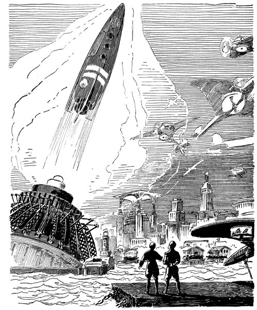 Amazing Stories 1927: Projectile Transport Launch Over Futurist City