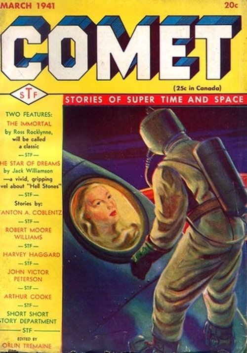 Comet Stories March 1941 — Astronaut and Woman in Space Helmet