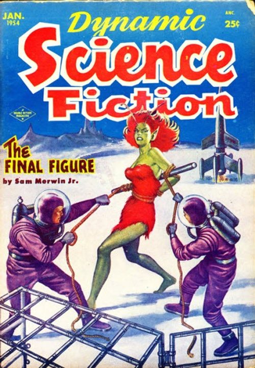 Green Alien Woman Battles Spacemen – Dynamic Science Fiction Jan 1954