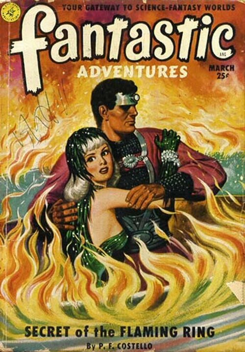 Fantastic Adventures 'Secret of the Flaming Ring' March Cover — Hero Rescues Woman from Fire