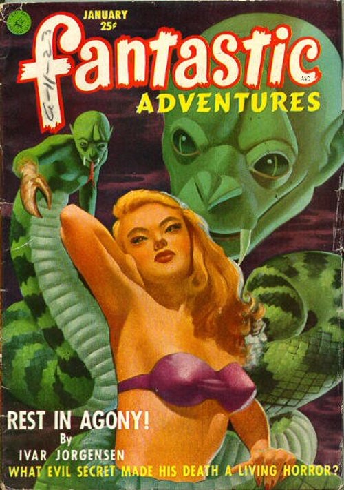 Fantastic Adventures January – 'Rest in Agony' Reptilian Alien Cover
