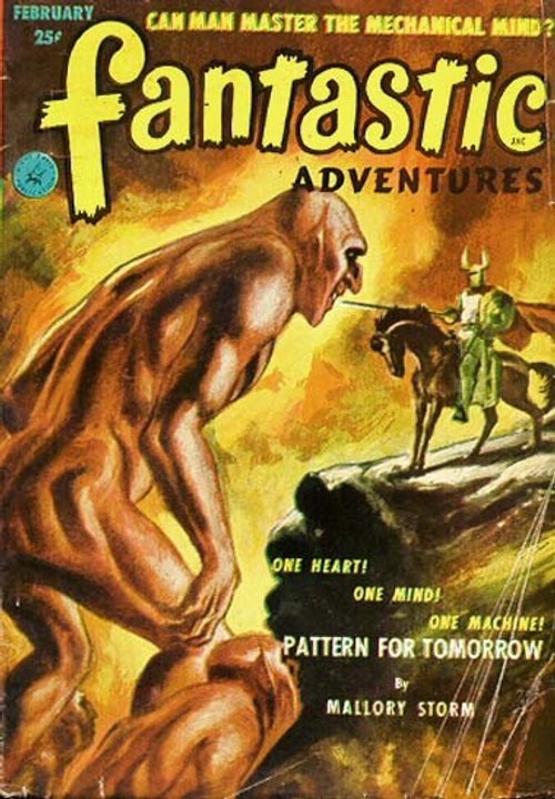 Giant Humanoid Confronts Armored Rider – Fantastic Adventures Feb 1952