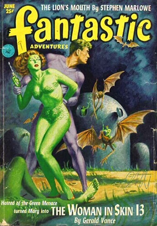 Green Skin Menace: Fantastic Adventures June Cover, Woman in Skin 13