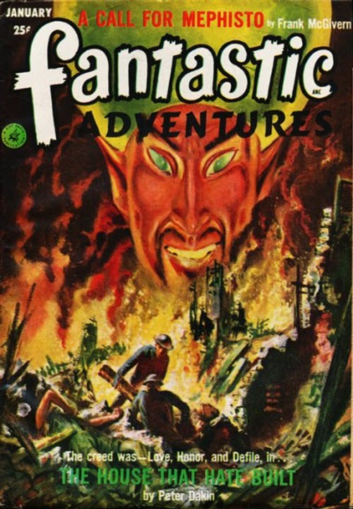 Demonic Mephisto Looms Over Burning City — Fantastic Adventures, January 1952