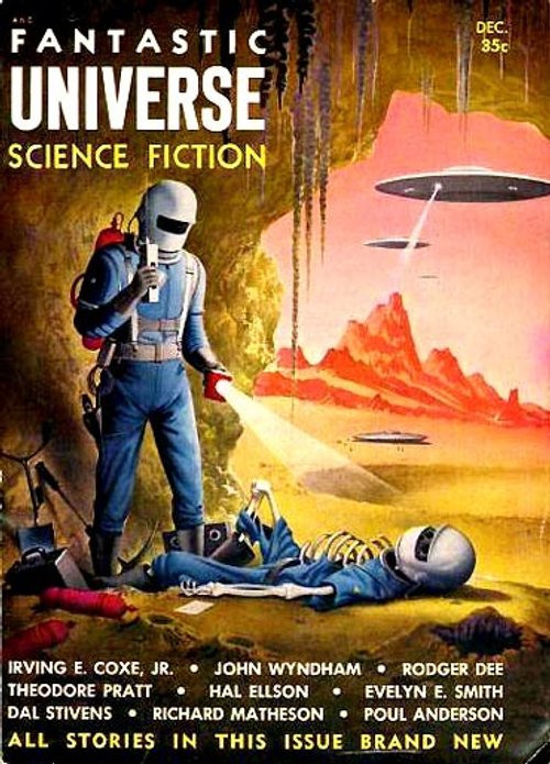 Fantastic Universe Dec 1956 — Astronaut Discovers Alien Skeleton on Red World