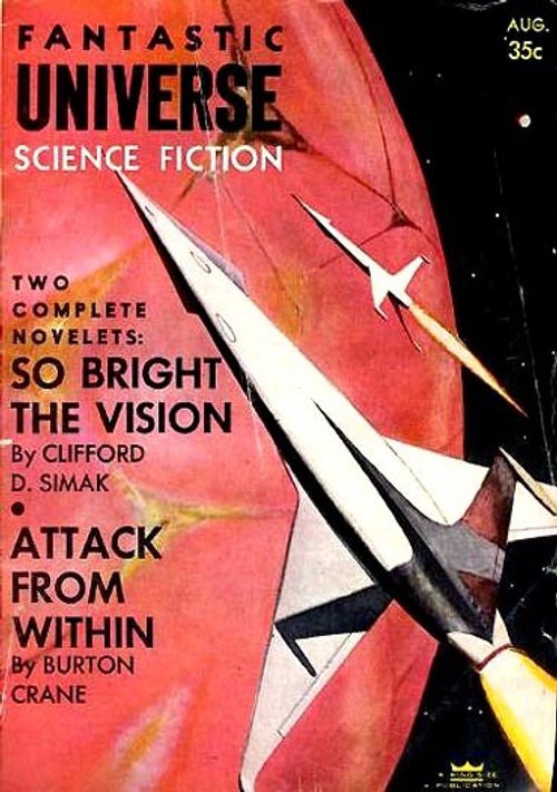 Fantastic Universe Sci-Fi Aug 1956 — Rocket Ascending Past Red Planet