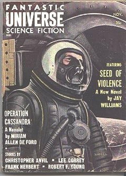 Fantastic Universe Nov 1958 — Lone Astronaut in Deep Space Spacesuit