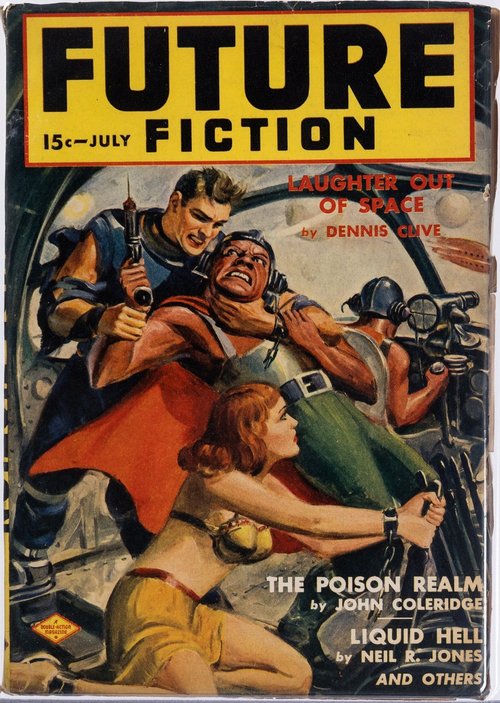Future Fiction July 1940 — Spaceship Brawl with Ray Gun and Chained Woman