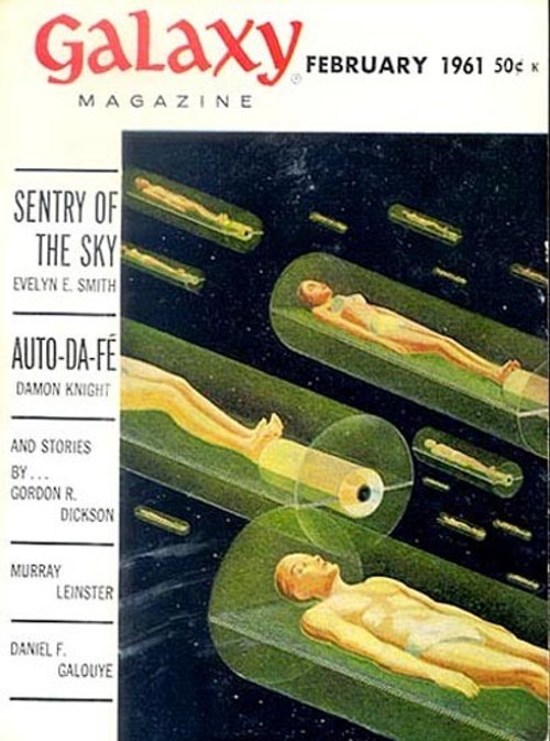 Galaxy Magazine Feb 1961 – Human Figures in Suspended Animation Sleep Pods