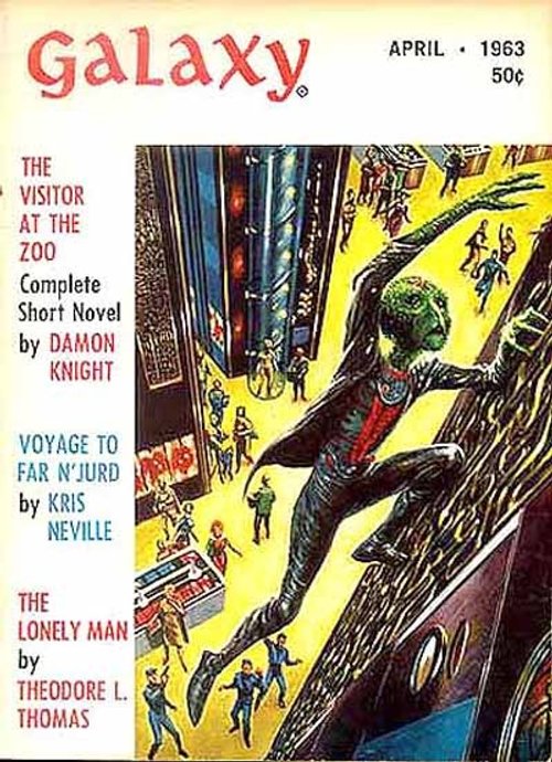 Green Alien Leaps Through Futuristic City, Galaxy Magazine April 1963