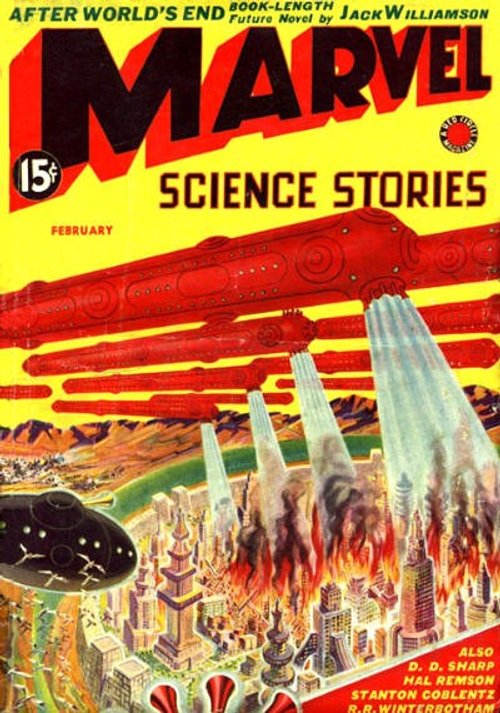Marvel Science Stories Feb 1939: Aerial Warships Bombard Futuristic City