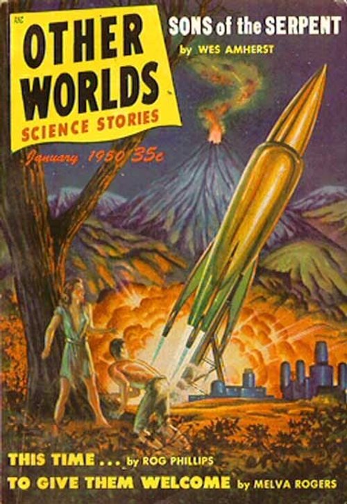 Rocket Launch Under Volcano, Other Worlds Science Stories Jan 1950