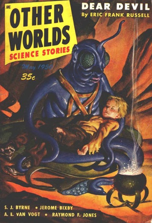 Giant Insectoid Alien Cradles Human Child – Other Worlds Science Stories May 1950