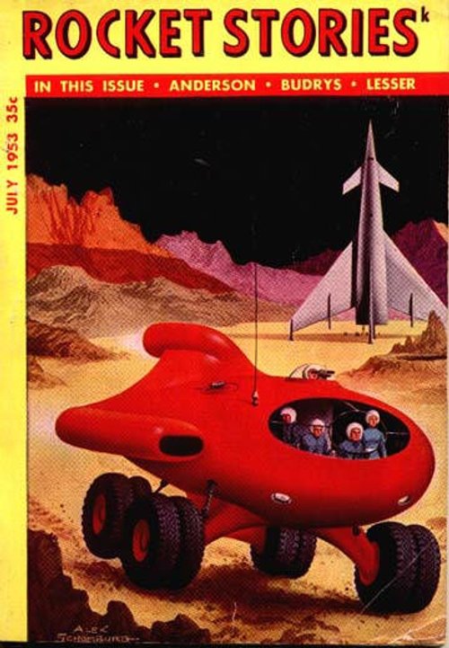Rocket Stories July 1953 — Six-Wheeled Mars Rover at Launch Site