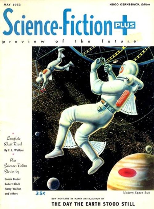 Science-Fiction Plus May 1953 — Astronauts in Modern Space Suits Near Jupiter